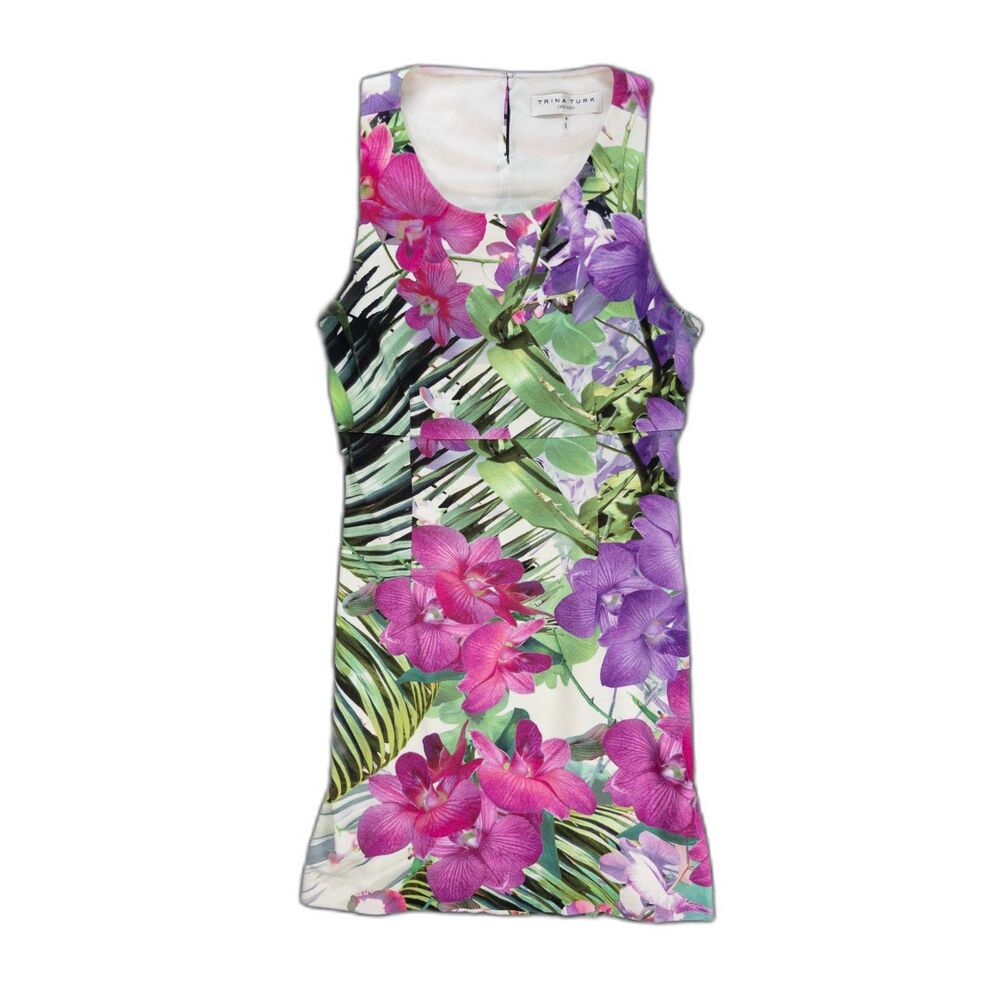 Trina Turk Floral Orchid Sheath Dress Women’s Size 8 Tropical Print Cutout Back